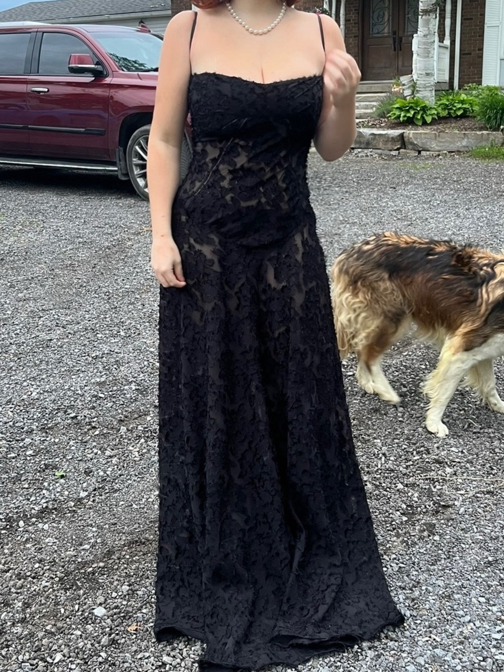 House of CB Black Strapless Lace Gown with Sheer Panels